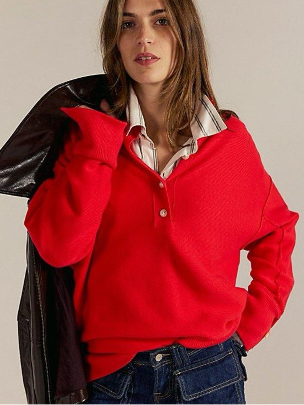 Free People Red Dreamboat Red Oversized Henley Sweater Size S